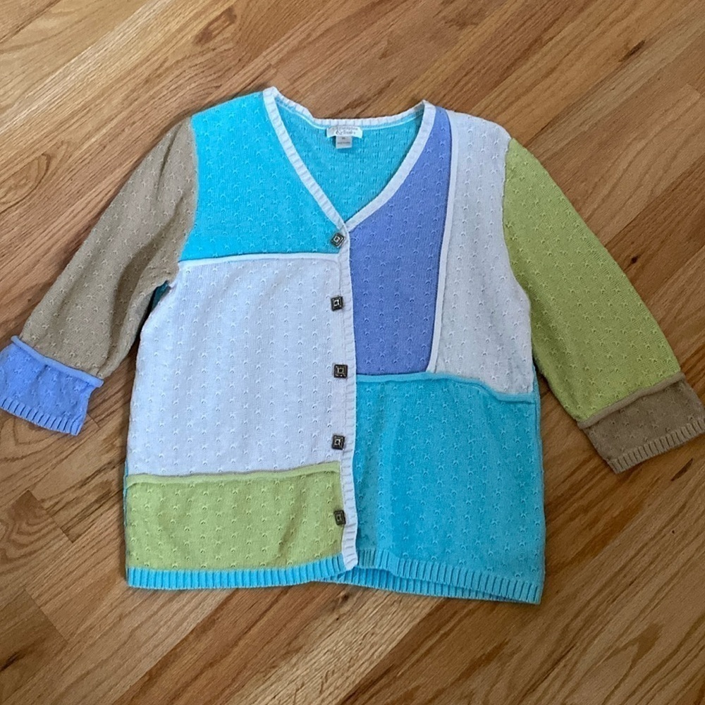 Vintage Y2K 90s Patchwork Cardigan Sweater Womens XL Cotton Pastels Cottagecore